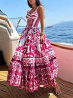 Vibrant Floral Print Shirred Strap Maxi Dress - Elegant Polyester Skirt