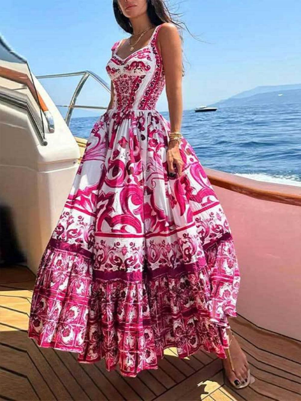 Vibrant Floral Print Shirred Strap Maxi Dress - Elegant Polyester Skirt