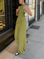 Elegant Halter Neck Pleated Textured Set with Matching Long Pants