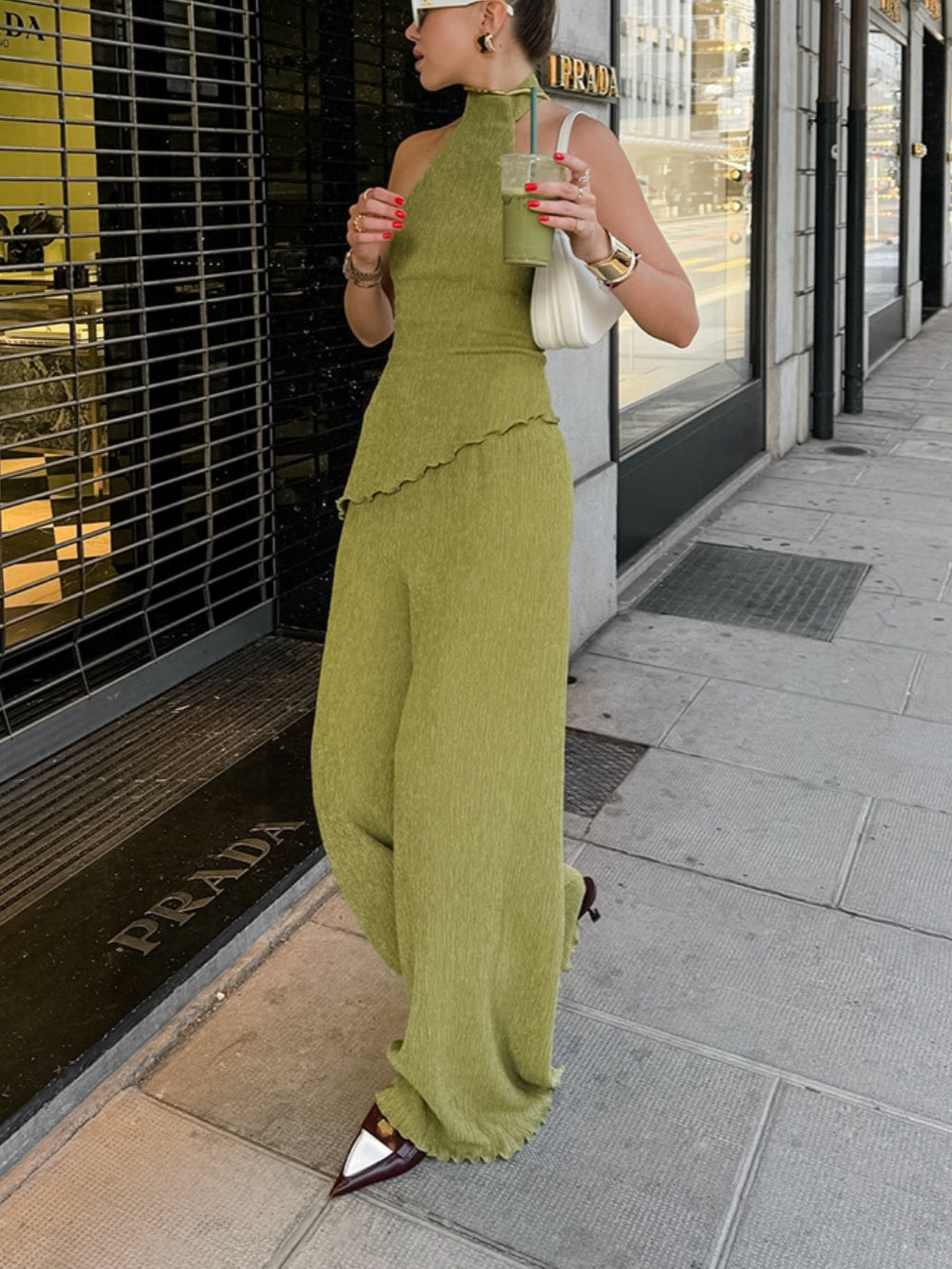 Elegant Halter Neck Pleated Textured Set with Matching Long Pants