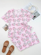 Santa Claus Print V Neck Tee Drawstring Pants 2pcs Lounge Set