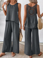 Elegant Solid Color Back Hollow Lace Set with Long Pants - Embroidered Polyester Suit