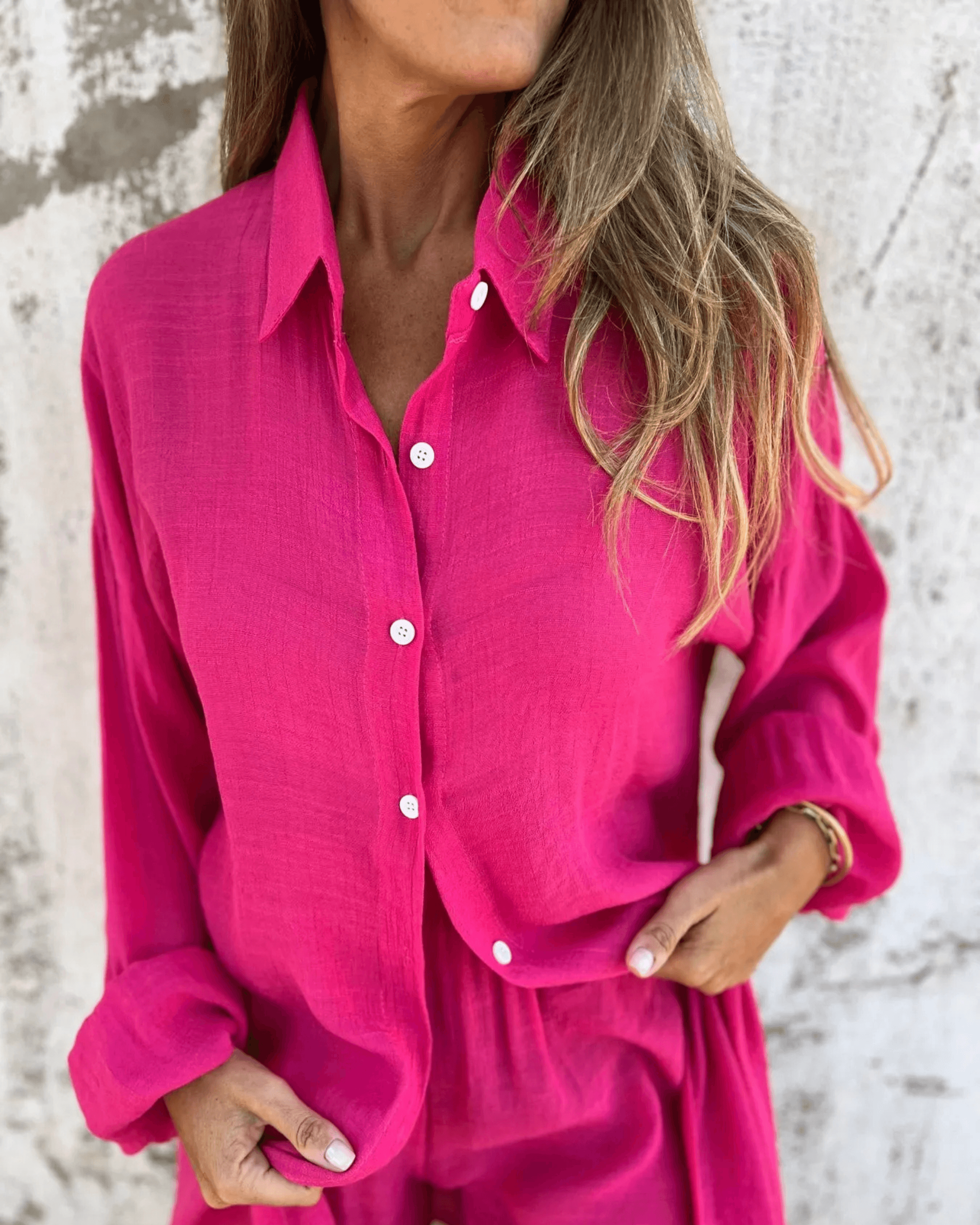 Women's Casual Long Sleeve Button-Up Shirt and High-Waisted Shorts Set - Comfortable & Chic Loungewear