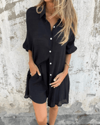 Women's Casual Long Sleeve Button-Up Shirt and High-Waisted Shorts Set - Comfortable & Chic Loungewear