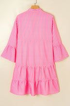 Pink Stripe Flare Sleeve Half Placket Tiered Flowy Mini Dress