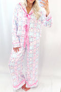 Festive Pink Bow Wreath Pattern Christmas Holiday Tied Front Long Sleeve 2-Piece Pajama Set