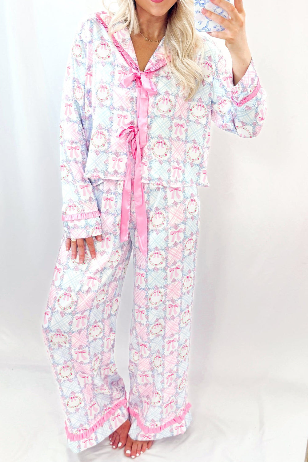 Festive Pink Bow Wreath Pattern Christmas Holiday Tied Front Long Sleeve 2-Piece Pajama Set