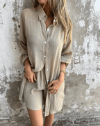 Women's Casual Long Sleeve Button-Up Shirt and High-Waisted Shorts Set - Comfortable & Chic Loungewear