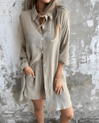 Women's Casual Long Sleeve Button-Up Shirt and High-Waisted Shorts Set - Comfortable & Chic Loungewear