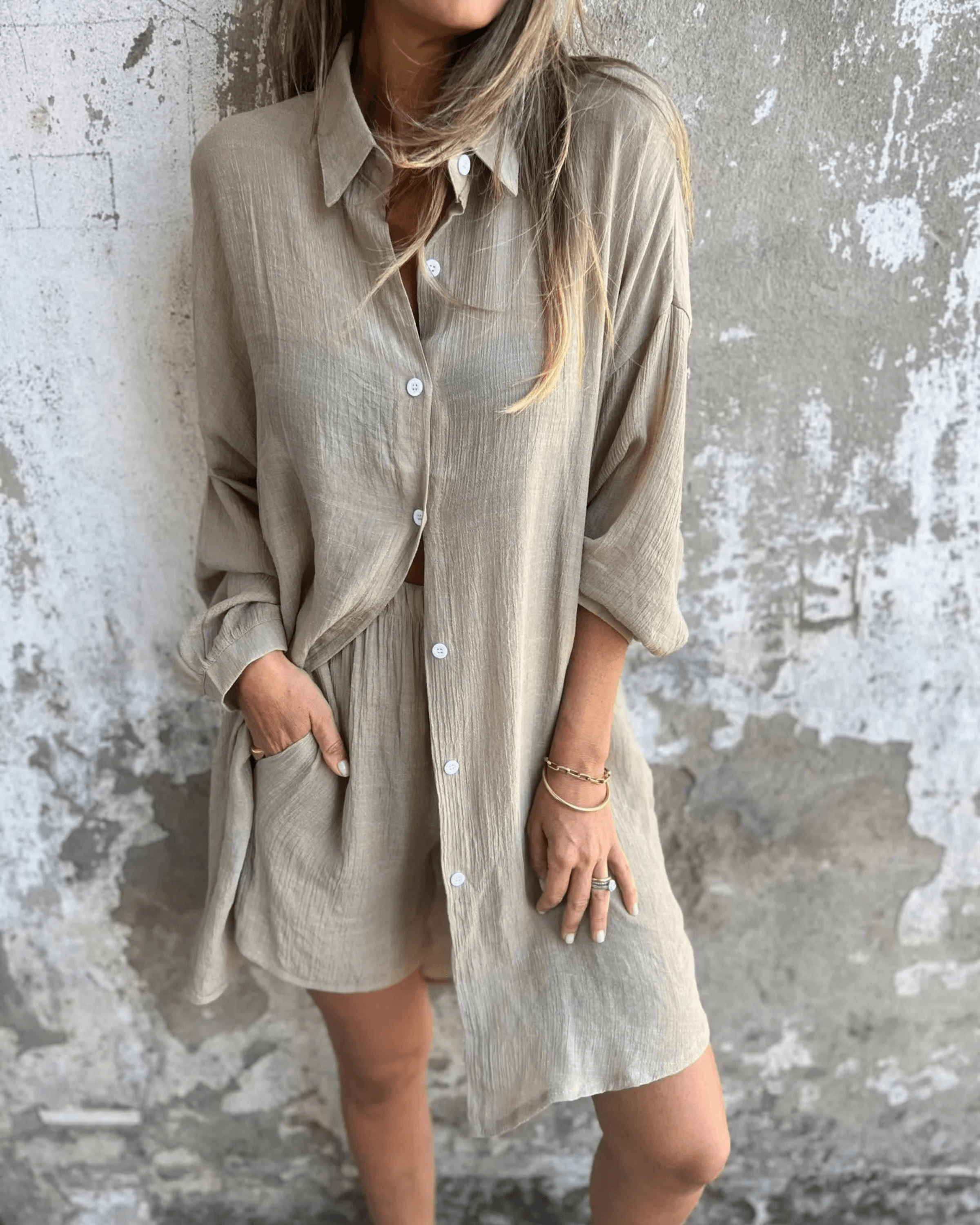 Women's Casual Long Sleeve Button-Up Shirt and High-Waisted Shorts Set - Comfortable & Chic Loungewear