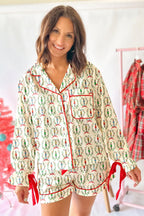 Festive Beige Nutcracker Print Silky 2-Piece Pajama Set with Contrast Trim and Tied Bow
