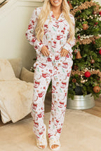 White Christmas Pattern Long Sleeve Shirt and Pants Pajama Set - Cozy & Festive Sleepwear