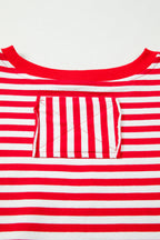 Red Stripe Exposed Seam Drop Shoulder Casual Pullover Top