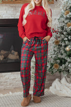 Festive Red Plaid Mama Graphic Christmas Holiday Crewneck Pullover and Pants Two-Piece Lounge Set