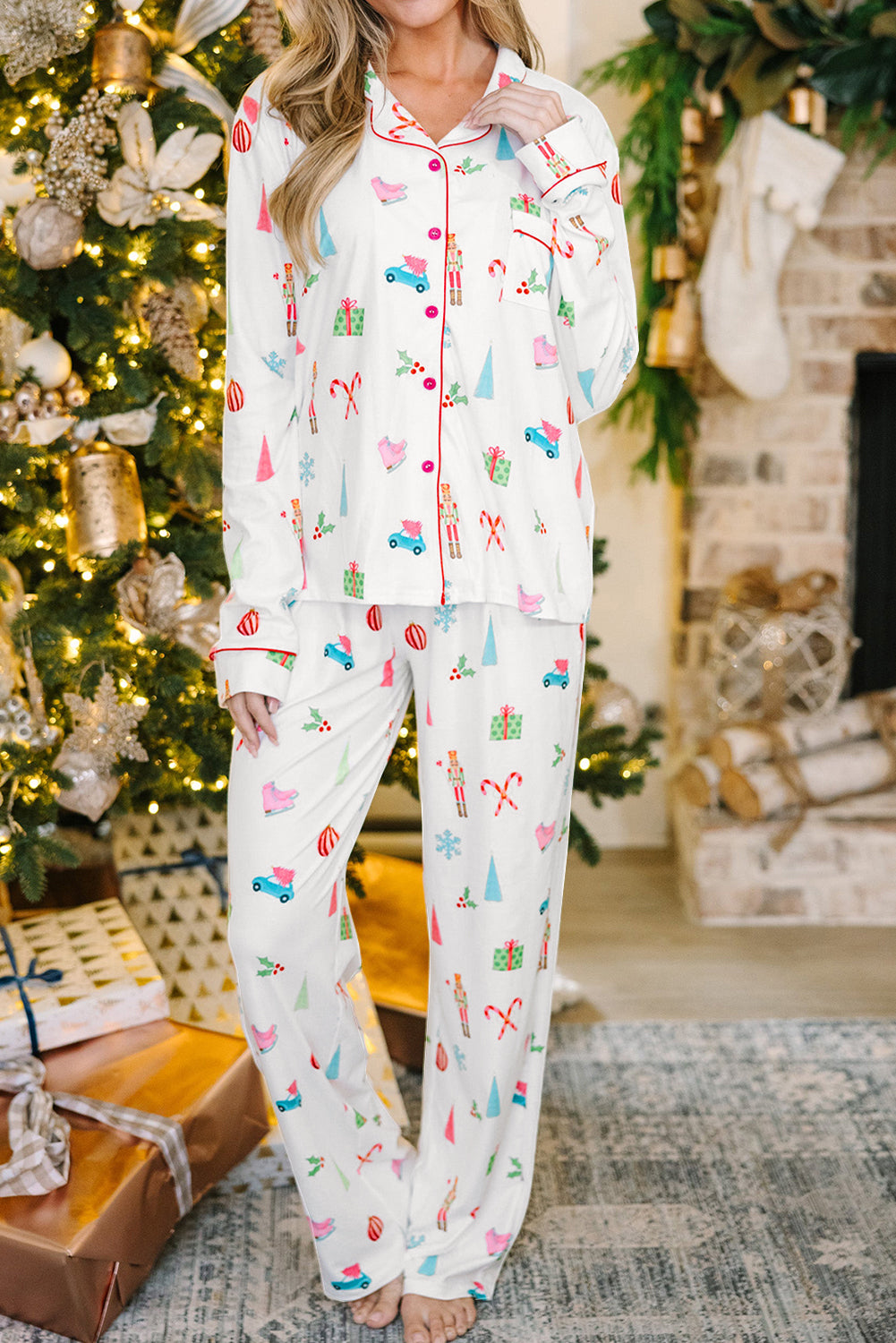 Festive White Christmas Print Lapel Shirt and Pants Sleepwear Set
