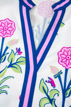 White Floral Print Contrast Striped Trim Notched Neck Long Sleeve Dress