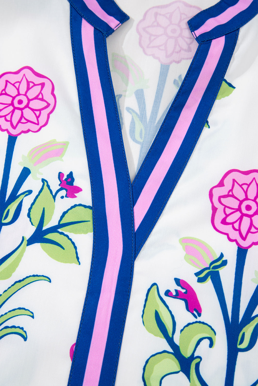 White Floral Print Contrast Striped Trim Notched Neck Long Sleeve Dress