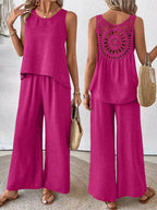 Elegant Solid Color Back Hollow Lace Set with Long Pants - Embroidered Polyester Suit