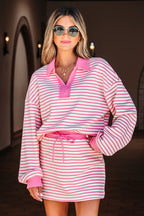Pink Stripe Collared V Neck Drop Shoulder Pullover and Skort 2pcs Outfit
