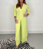 Elegant V-Neck Tie-Front Casual Two-Piece Set: Long Top and Wide-Leg Pants