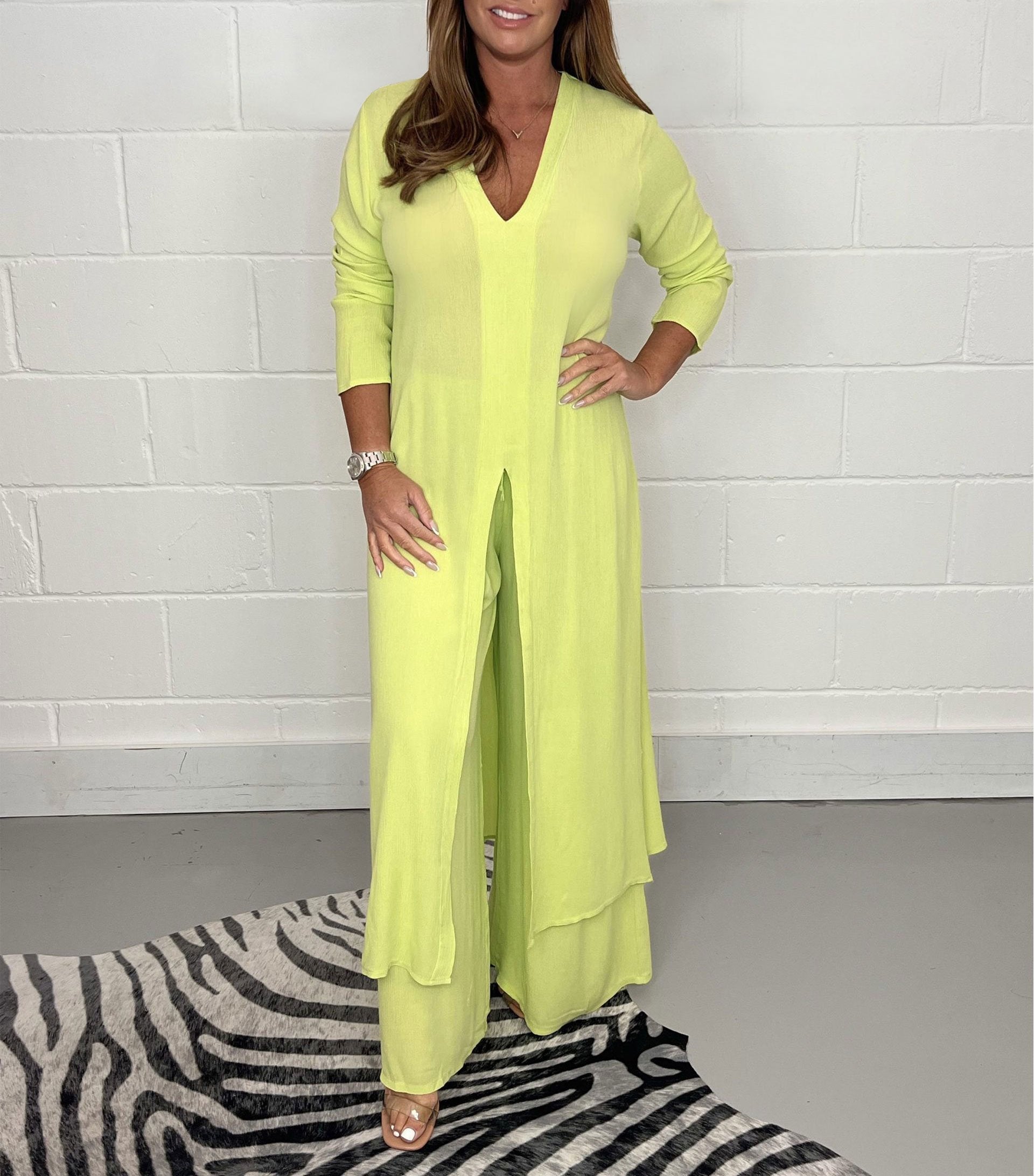 Elegant V-Neck Tie-Front Casual Two-Piece Set: Long Top and Wide-Leg Pants