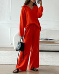 Autumn Casual V-Neck Two-Piece Set for Women - Comfortable Polyester Loungewear