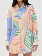 Playa Boyfriend Tropical Leaf Print Linen Blend Short Set for Summer Beachwear