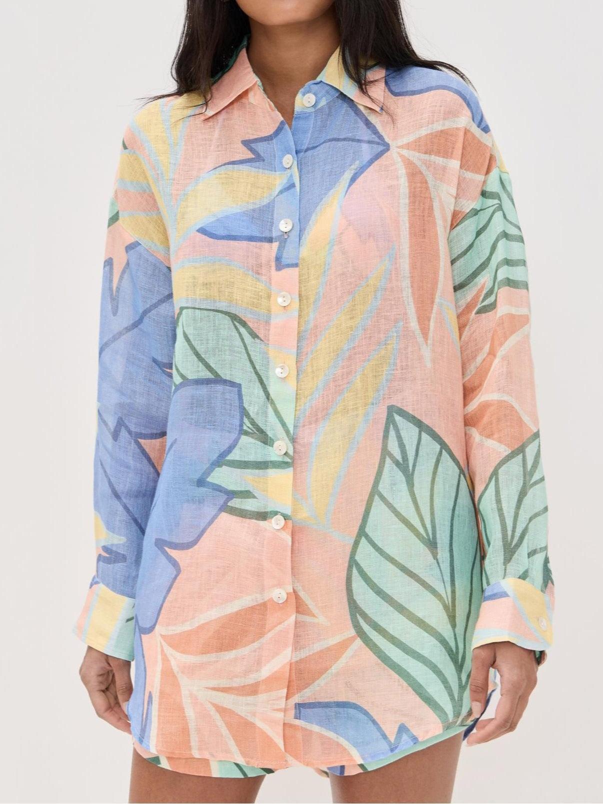 Playa Boyfriend Tropical Leaf Print Linen Blend Short Set for Summer Beachwear