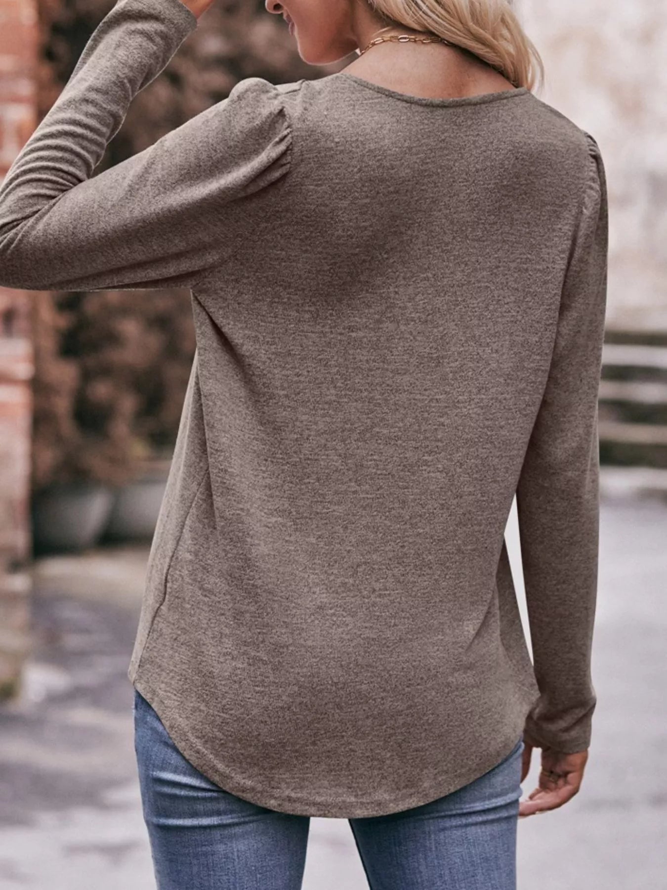Pleated Square Neck Long Sleeve T-Shirt