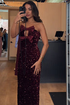 Red Dahlia Satin Bow Decor Sequin Strapless Long Party Dress