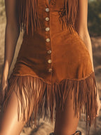 Women's Western Brown Suede Sleeveless Mini Dress with Tassel Fringe