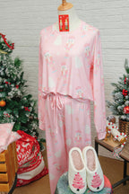 2-Piece Pink Christmas Tree & Nutcracker Print Lounge Pant Set for Women