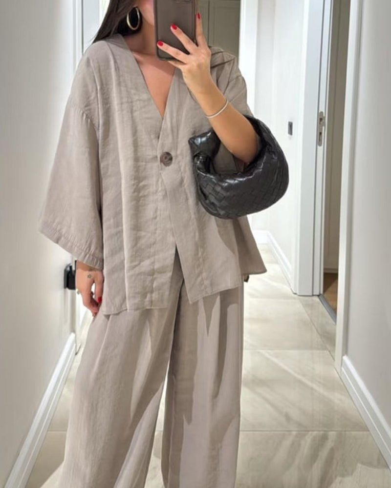 Women's Casual V-Neck Top and Matching Pants Two-Piece Set for Daily, Holiday, and Going Out