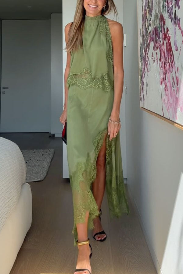 Elegant Lace Pleated Collar Sleeveless Top with Irregular Slit Satin Skirt Set - Perfect for Parties and Vacations