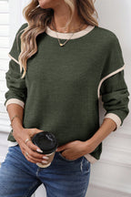 Four Leaf Clover Contrast Color Trim Knit Drop Shoulder Loose Top