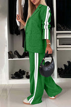 Chic Contrast Lapel Collar Buttoned Top and Pocketed Pants Two-Piece Set - 100% Polyester