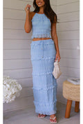 Elegant Sleeveless Chiffon Two-Piece Suit with Elastic Waist and Long Skirt