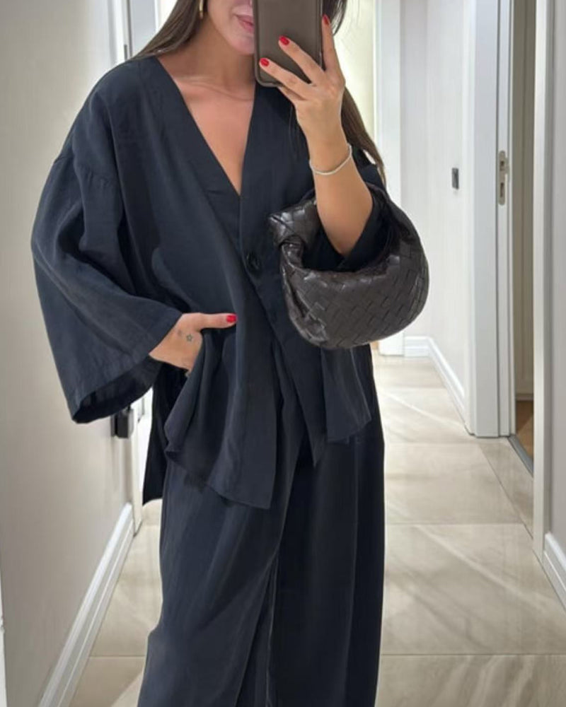 Women's Casual V-Neck Top and Matching Pants Two-Piece Set for Daily, Holiday, and Going Out