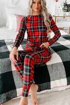 Cozy Red Festive Plaid Print Round Neck Long Sleeve Top & Pants 2 Piece Lounge Set for Women