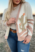 Apricot Western Desert Cactus Print Plus Size Button Cardigan Sweater