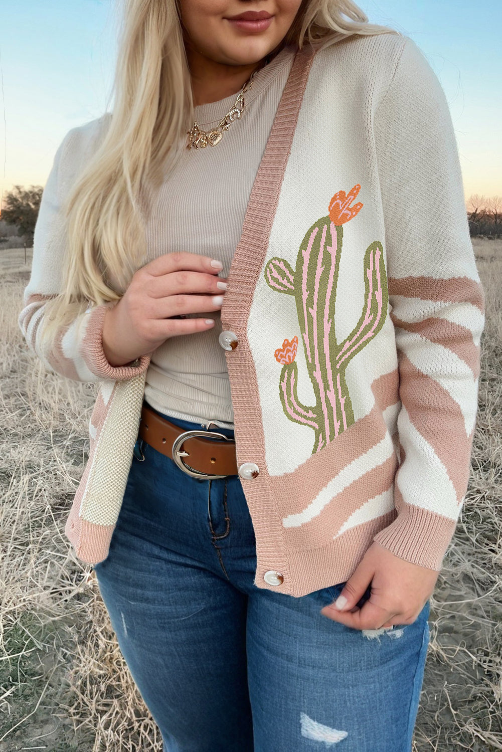Apricot Western Desert Cactus Print Plus Size Button Cardigan Sweater