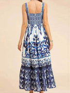 Vibrant Floral Print Shirred Strap Maxi Dress - Elegant Polyester Skirt