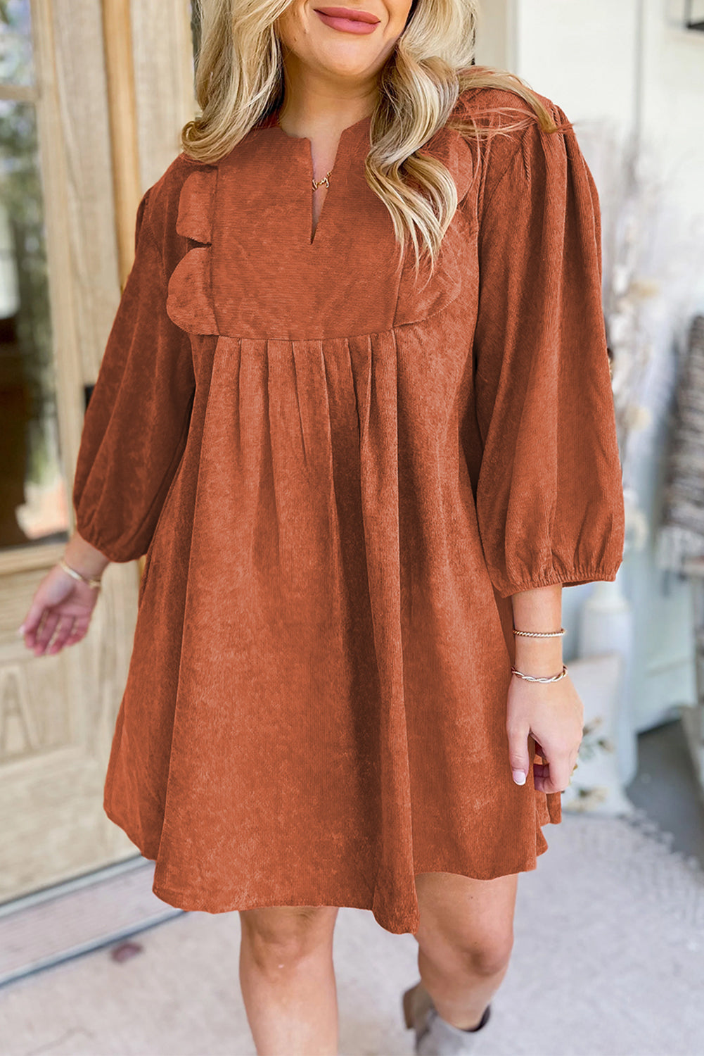 Cinnamon Bracelet Sleeve Split Neck Scallop Detail Pleated Corduroy Mini Dress