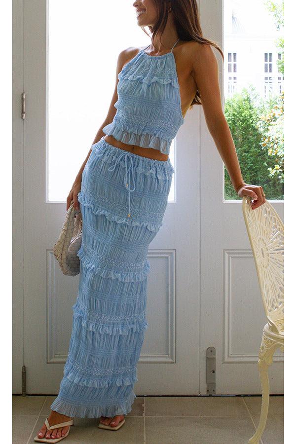 Elegant Sleeveless Chiffon Two-Piece Suit with Elastic Waist and Long Skirt
