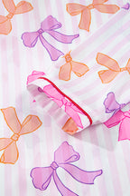 Pink Striped Bow Print Contrast Piping Trim Shirt and Pants 2pcs Pajama Set