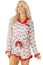 Festive White Santa & Stripes Ruffle Pajama Set for Cozy Holiday Nights