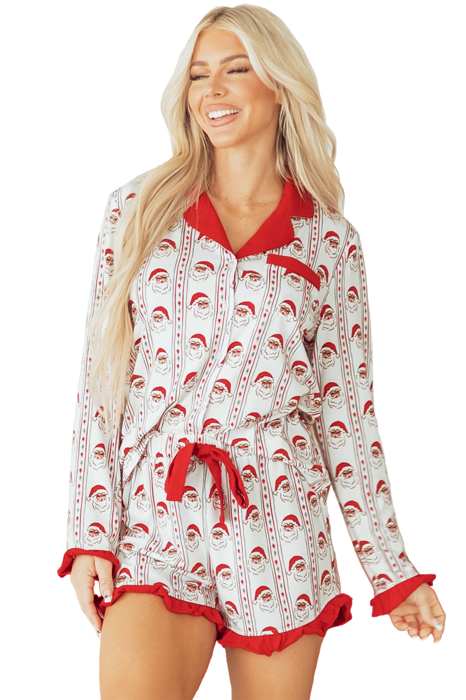 Festive White Santa & Stripes Ruffle Pajama Set for Cozy Holiday Nights