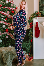 Navy Blue Christmas Lights Print Shirt and Pants Pajama Set - Festive & Comfortable