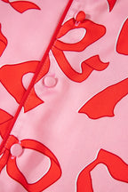 Chic Pink 2-Piece Bow Print Shirt Style Long Sleeve Pajama Set for Women