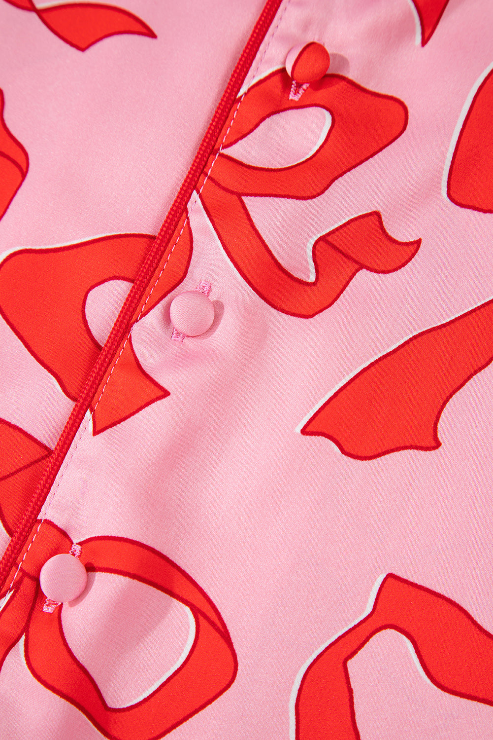 Chic Pink 2-Piece Bow Print Shirt Style Long Sleeve Pajama Set for Women